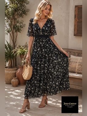 🛍️SALE🛍️ Juicy Couture Black Label Tiered Floral V-Neck Maxi Dress